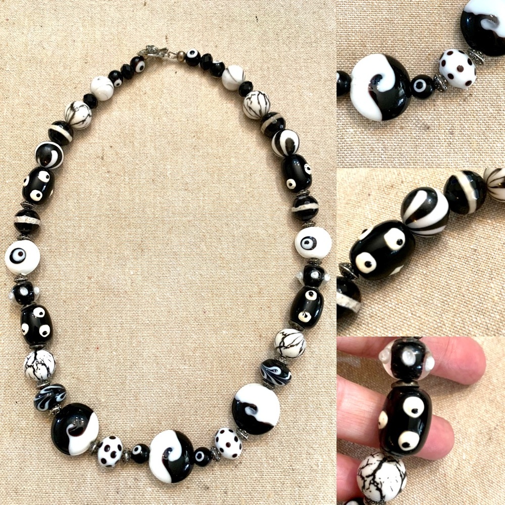 Art Glass Necklace Lamp Work Black White Hand Blown Artisan jewelry